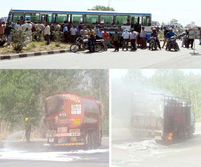 Photo of नेशनल हाईवे पर एल्यूमिनियम ले जा रहे कैंटर और केमिकल से भरे कैंटर की टक्कर से लगी आग