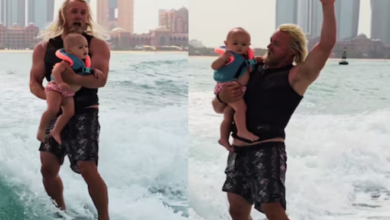 Photo of दुधमुंहे बच्चे को पापा ने कराई सर्फिंग, लहरों के बीच दिखी डॉल्फिन!
