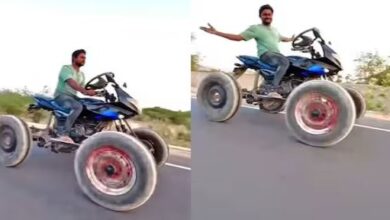 Photo of बाइक पर लगा दिया ट्रैक्टर का पहिया, सड़क पर सरपट दौड़ाई अजीबोगरीब गाड़ी! 