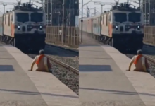 Photo of प्लेटफॉर्म पर आ रही थी ट्रेन और ट्रैक पर बैठे थे चचा