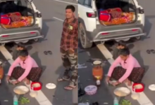 Photo of हाईवे किनारे चूल्हा जलाकर खाना बनाता दिखा परिवार…