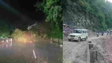 Photo of बारिश के बीच पहाड़ से सड़क पर आया मलबा, रास्ता बंद होने से फंसे रहे वाहन